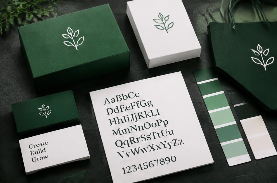Coordinated brand packaging, business cards and color palette