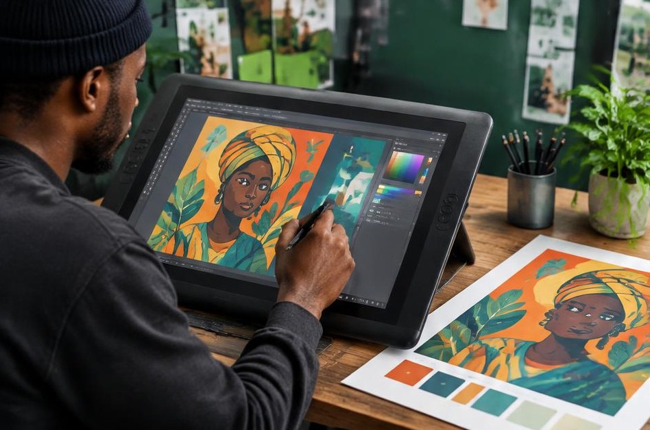 Designer creating colorful artwork on a drawing tablet