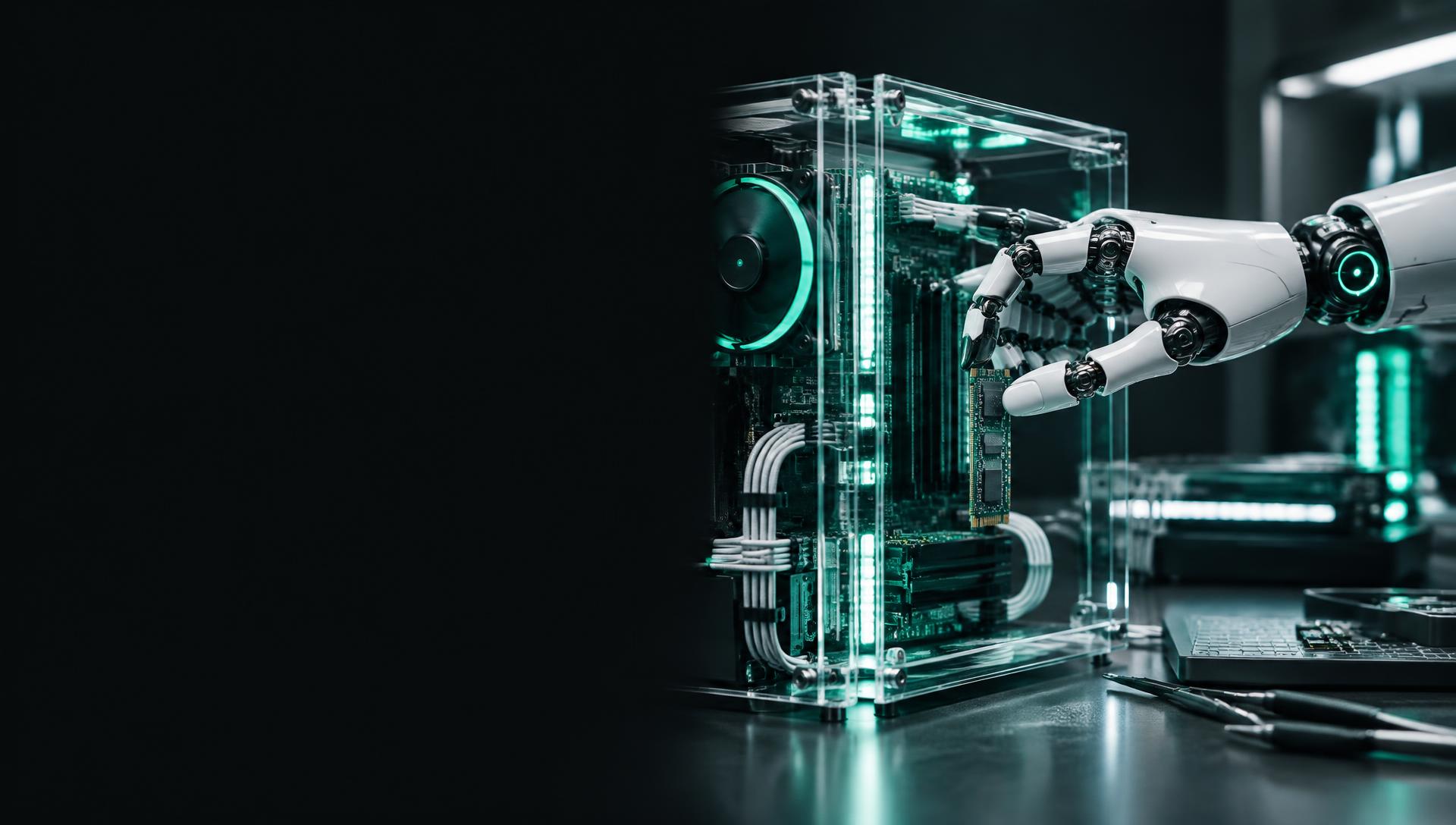 Robotic hand and computer hardware with mint-green lighting