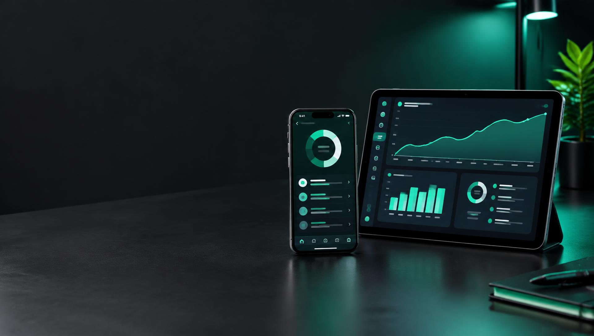 Phone and tablet displaying mint-green application interfaces