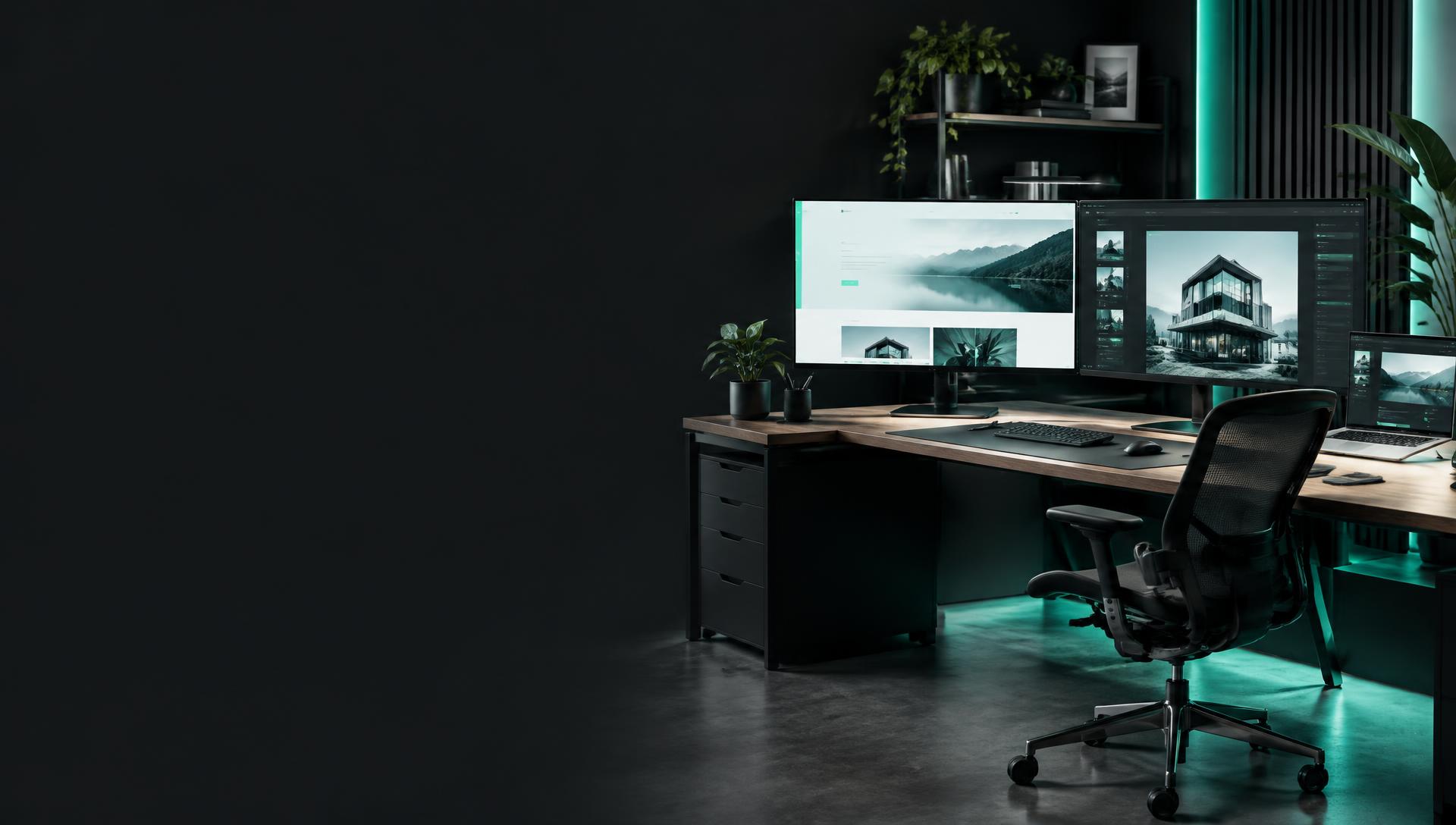 Creative workstation with mint-lit web design screens