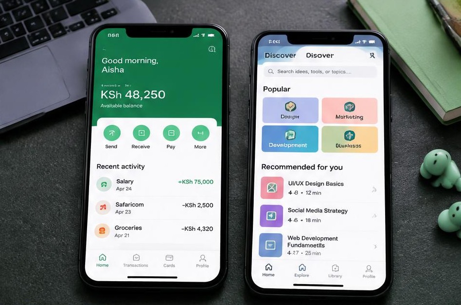 Two smartphones displaying mobile app interfaces
