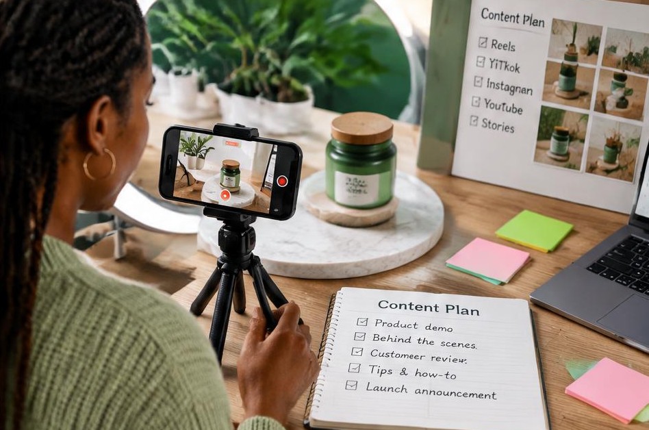 Content creator filming a product for social media